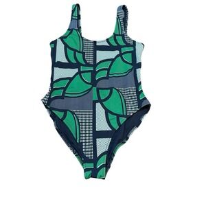 Women's  Green Navy & White  Swimsuit‎ Scoop Neck Low Back Small